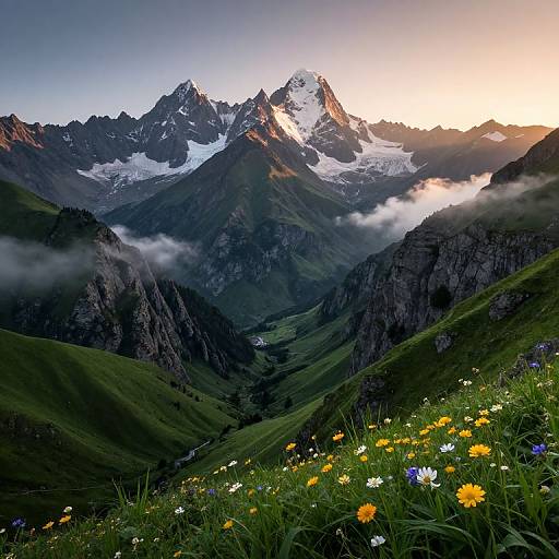 Photograph of a mountainous landscape at sunset, featuring snow-capped peaks, green valleys, misty clouds, and a colorful foreground of wildflowers