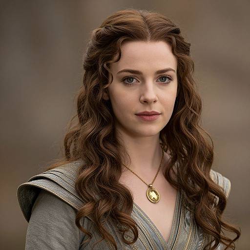 Photograph of a fair-skinned woman with long, wavy brown hair, wearing a grey medieval-style dress and a gold pendant, against a blurred