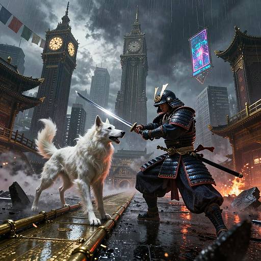 Samurai Monk Facing Spirit Hound in Futuristic City