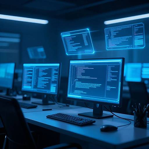 Photograph of a darkened, futuristic coding room with blue-lit computer monitors displaying code, floating holographic screens, and keyboards on sleek white desks