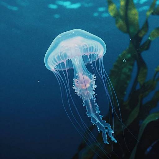 Photograph of a glowing, translucent blue jellyfish with delicate, flowing tentacles, floating in a deep blue underwater ocean, with blurred green seaweed