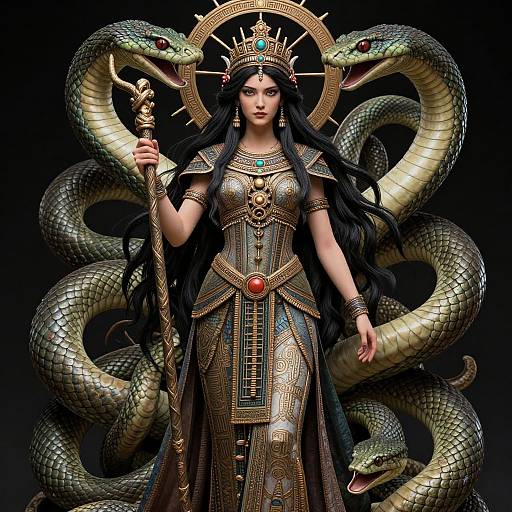 Digital art: Elegant woman in ornate golden armor with long black hair, crowned, holding staff, surrounded by two large, coiled snakes. Dark