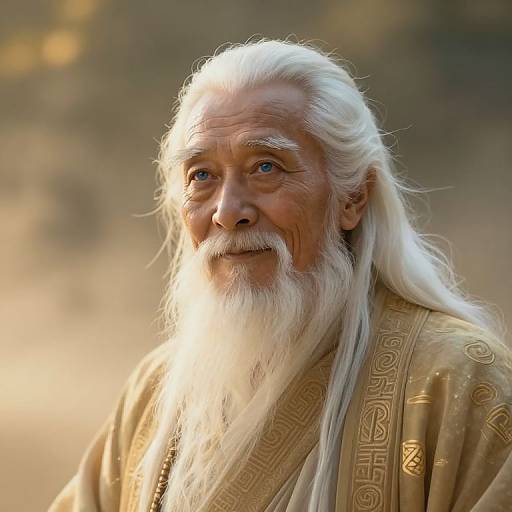 Photograph of an elderly man with long white hair and beard, wearing a gold-patterned robe, smiling gently in soft sunlight.