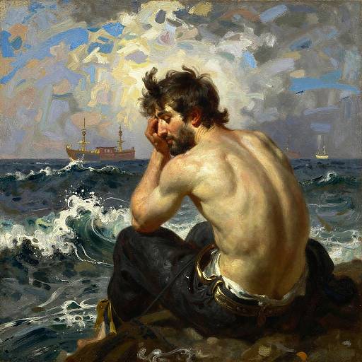 Impressionist-style painting of a shirtless, bearded man with tousled hair, sitting on rocky shore, gazing at distant ship under storm