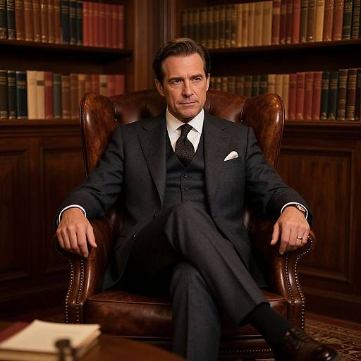 Photograph of a middle-aged man with short brown hair, in a dark suit, white shirt, and black tie, sitting in a leather armchair