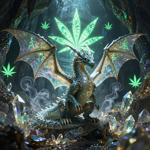 Digital artwork of a glowing, dragon-like creature with crystal-encrusted wings, surrounded by neon-green star-shaped lights and sparkling crystals in a dark