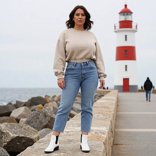 Photograph of a woman with medium skin tone, black wavy hair, beige sweater, blue jeans, white shoes, standing on a rocky pier with