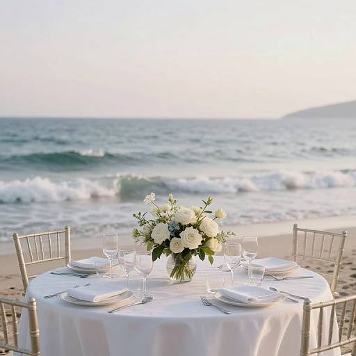 Photograph of a round beach table set with white linens, rose and white flower centerpiece, clear wine glasses, and gold chiavari chairs,