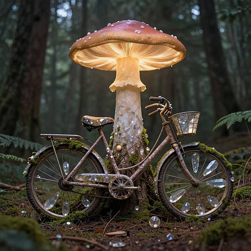 Photograph of a moss-covered bicycle leaning against a glowing, oversized mushroom in a dark, enchanted forest, with dewdrops on the ground.