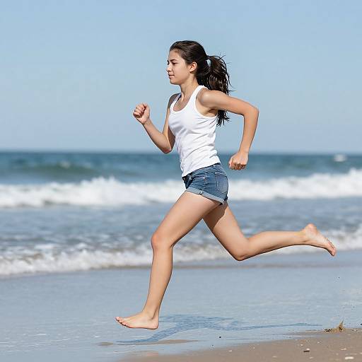 Photograph of a young woman with long dark hair, wearing a white tank top and denim shorts, running barefoot on a sunny beach with gentle waves
