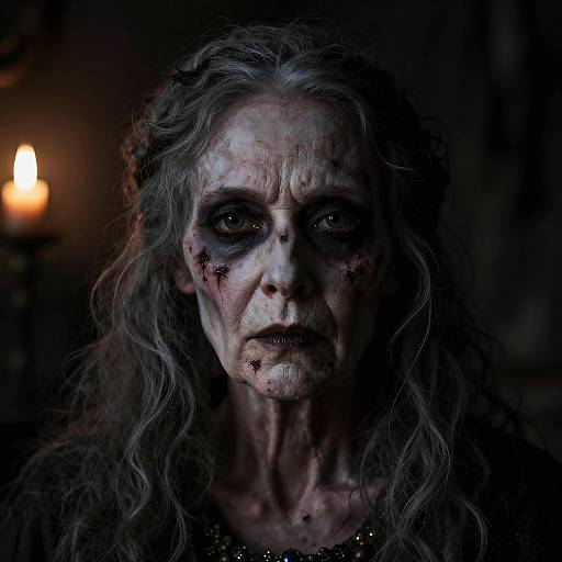 Photograph of a haunted, elderly woman with long, gray, wavy hair, dark, sunken eyes, and pale, dirt-smudged