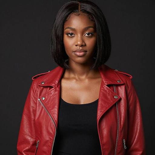 Confident African American Woman in Red Leather Jacket
