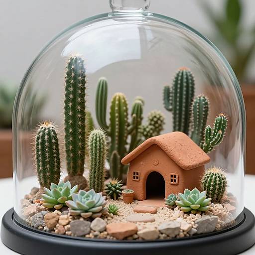 Photograph of a miniature cactus garden in a clear dome, featuring a small clay house, succulents, and various cacti on a
