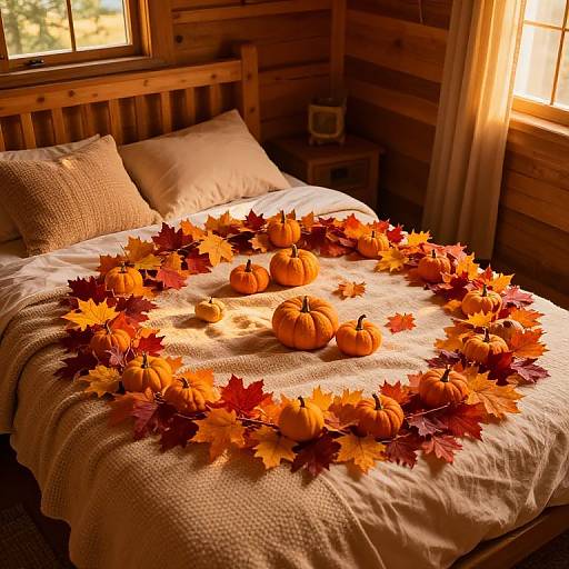 Cozy wooden cabin bedroom with sunlight streaming through window; white bedspread adorned with orange and red autumn leaves and small pumpkins in a circular pattern.