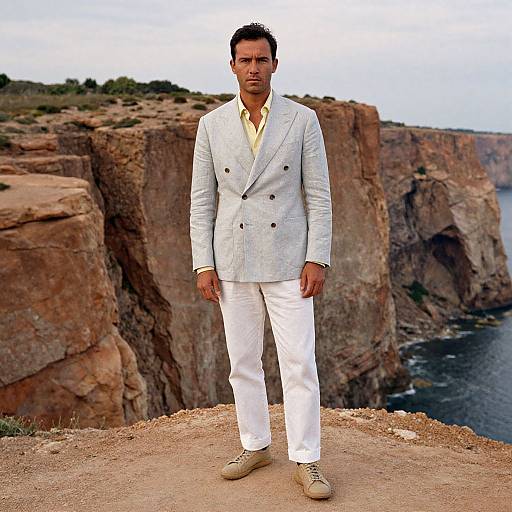Photograph of a serious man with short black hair, wearing a light gray double-breasted blazer, white shirt, white pants, and beige shoes