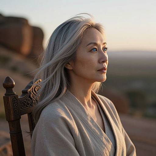 Photograph of a blonde woman with blue eyes, wearing a beige V-neck robe, seated outdoors at sunset, with a blurred rocky landscape in the background