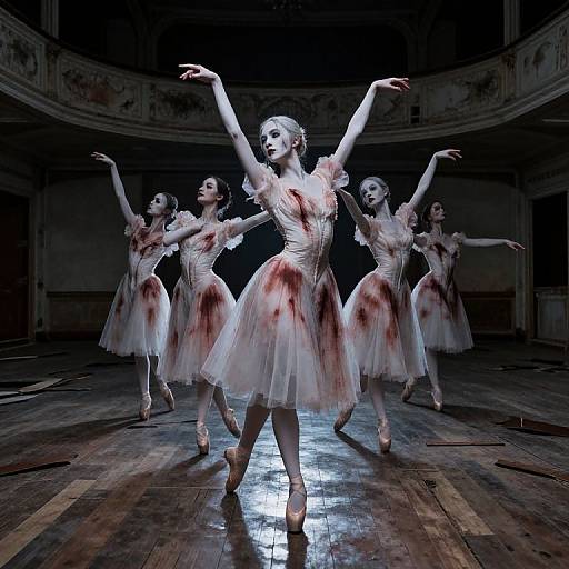Photograph of five ballet dancers in blood-stained white tutus, performing en pointe in a dimly lit, ornate ballroom with wooden