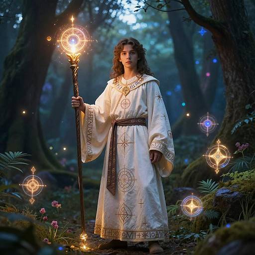 Photograph-style digital artwork of a curly-haired woman in white, ornate robe, holding a glowing torch in a mystical forest.