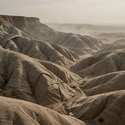 Photograph of a vast, sunlit desert landscape with rugged, wave-like sandstone formations in shades of brown and beige, under a hazy,