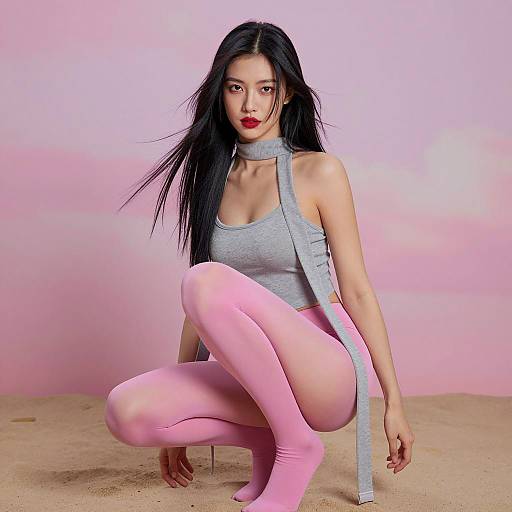 Squatting Woman Against Pink Sky