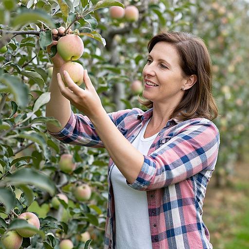 Photograph of a smiling Caucasian woman with shoulder-length brown hair, wearing a plaid shirt over a white top, picking apples in a lush orchard