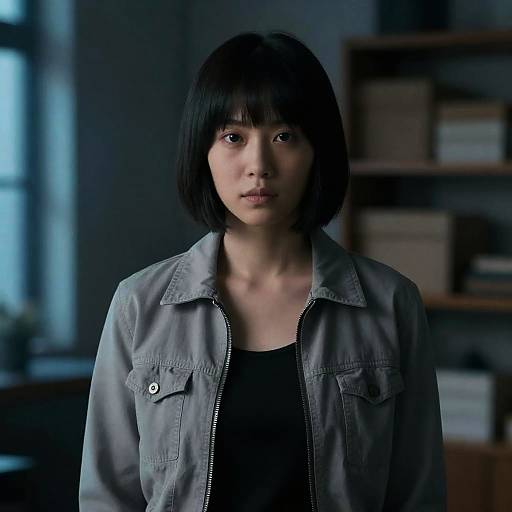 Serious Woman in Dimly Lit Room