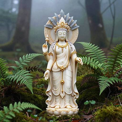 Photograph of a white, ornate Buddhist statue with gold details and blue lotus headdress, standing in a misty forest surrounded by green fern