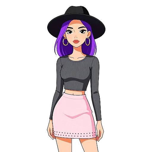 Stylish Woman with Purple Hair and Wide-Brimmed Hat