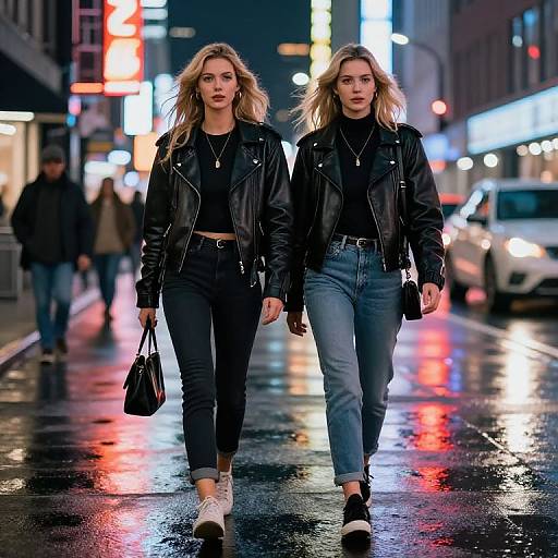Photograph of two blonde women in black leather jackets and jeans walking on a wet, neon-lit city street at night.