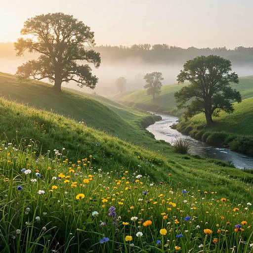 Photograph of a serene, sunlit meadow with a winding river, tall grass, colorful wildflowers, and scattered trees at dawn.