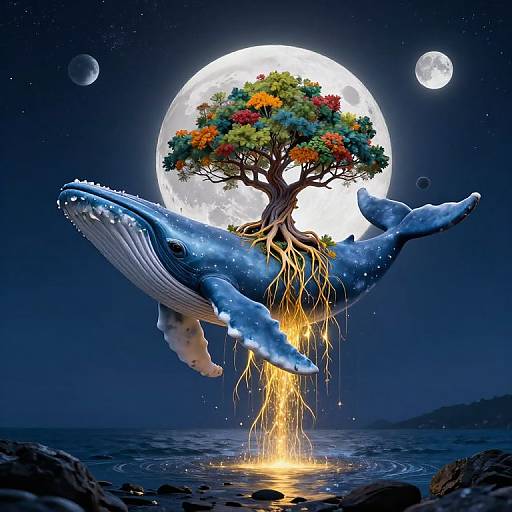 Digital artwork: A blue whale with a tree growing from its body, roots extending into water, under a full moon, surrounded by stars and planets.