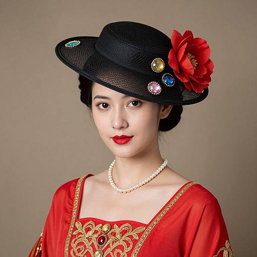 Photograph of an East Asian woman with fair skin, red lipstick, black hat adorned with colorful buttons and red flower, wearing a red dress with gold