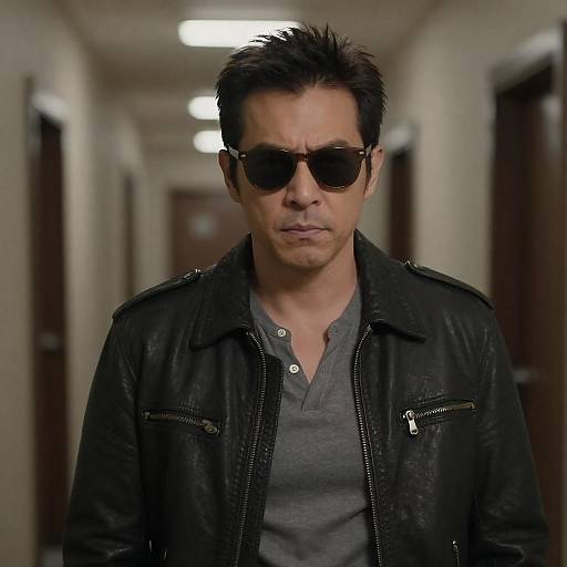Man in Leather Jacket and Sunglasses in Hallway
