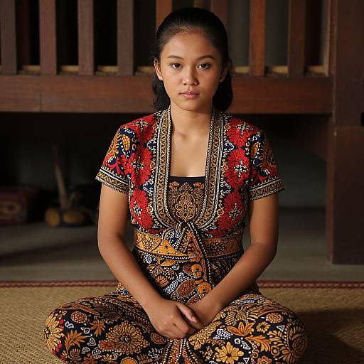 Photograph of a young Southeast Asian woman with dark hair in an intricate, colorful traditional dress, sitting cross-legged on a woven mat, against a wooden
