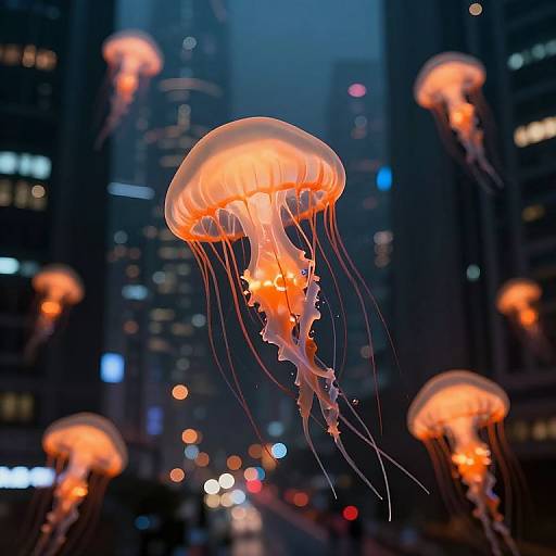 Photograph of glowing orange jellyfish floating in a cityscape at night, with blurred skyscrapers and colorful lights in the background.