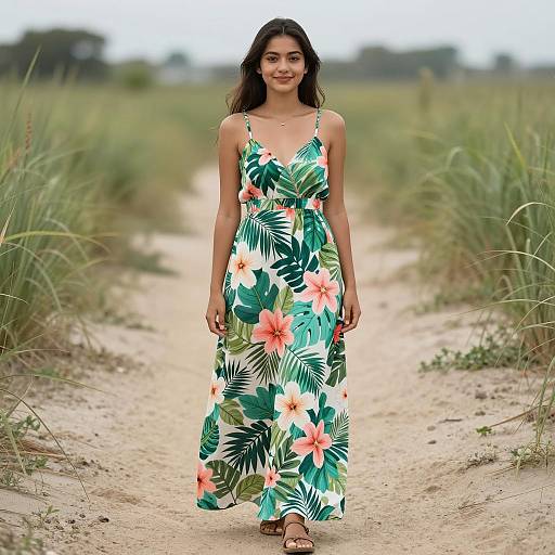 Young Woman in Tropical Print Maxi Dress on Sandy Path