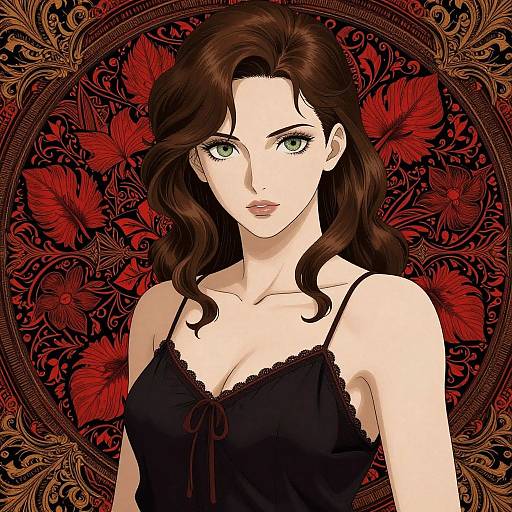 Digital illustration of a fair-skinned woman with green eyes, brown wavy hair, wearing a black lace-trimmed camisole, against a
