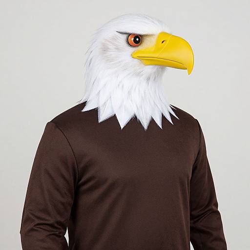 Photograph of a person wearing a realistic bald eagle head with a yellow beak and red eye, dressed in a black long-sleeve shirt,