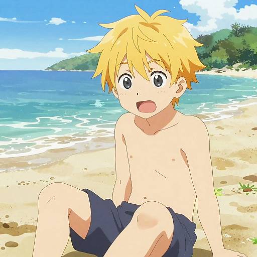 Cheerful Anime Boy on Beach