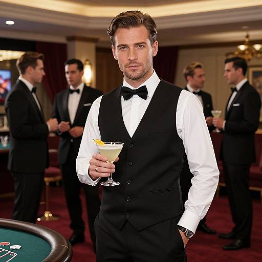 Photograph of a handsome male bartender in a black vest, white shirt, and bow tie holding a cocktail, standing in a dimly lit, elegant