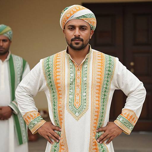 Photograph of a bearded South Asian man in traditional white sherwani with orange and green embroidery, hands on hips, wearing a matching turban