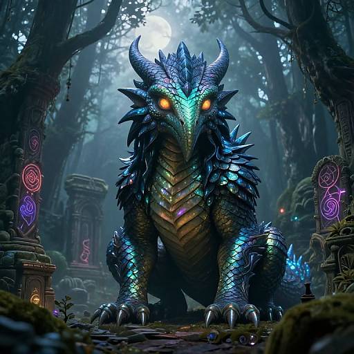 Digital fantasy artwork of a glowing blue, spiked dragon with orange eyes standing in a mystical forest of ancient ruins and glowing runes.