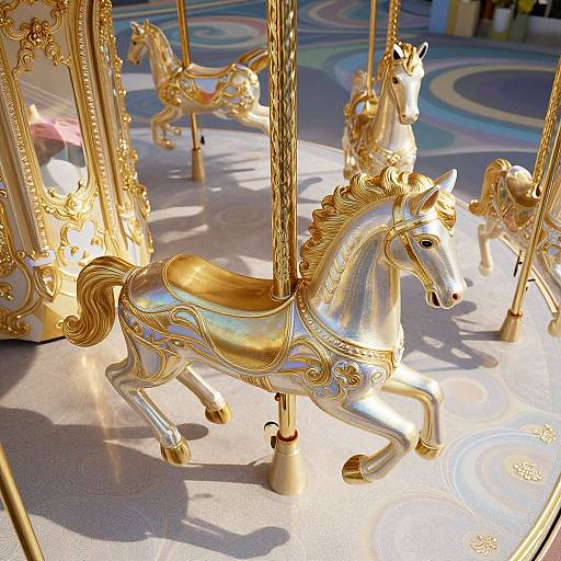 Photograph of a shiny, ornate, gold and white carousel horse with intricate detailing, standing on a patterned floor, bathed in sunlight.