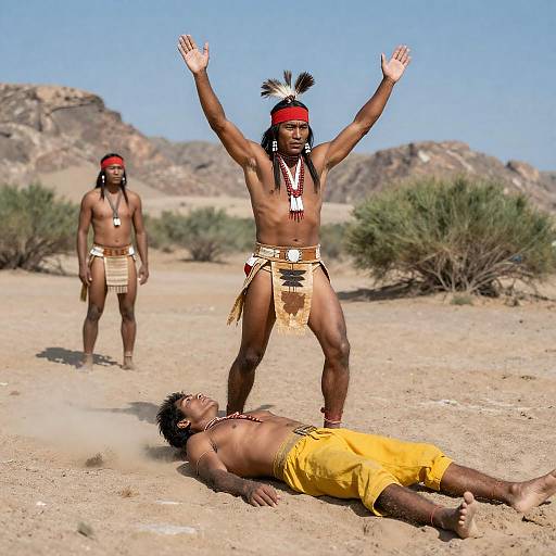 Triumphant Native American Warrior in Desert