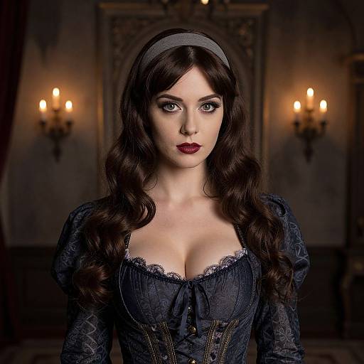 Photograph of a pale-skinned woman with long, wavy brown hair, dark red lipstick, and blue eyes, wearing a black lace corset
