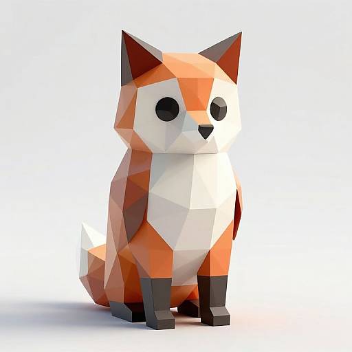 Geometric, low-poly digital artwork of a cute, stylized fox with orange, white, and black polygons, sitting against a white background.