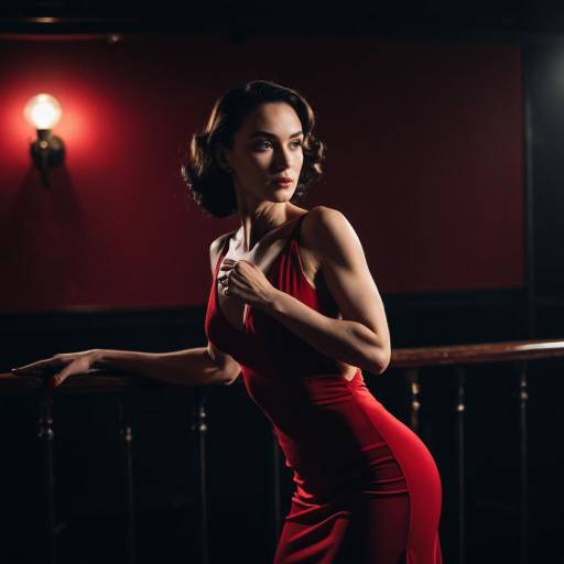 Woman in Red Silk Dress Posing in Dimly Lit Burlesque Club