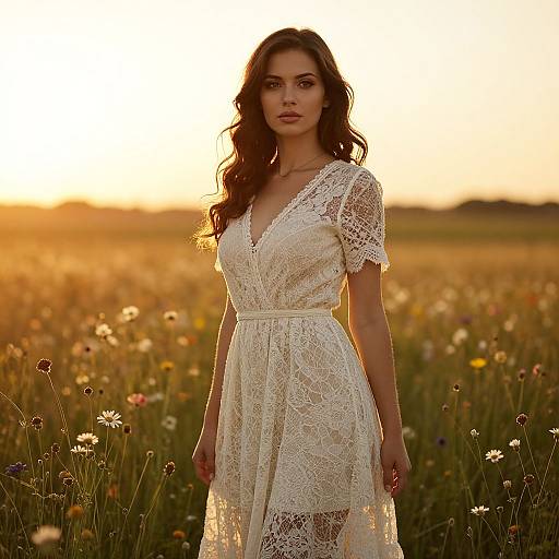Woman in Sunlit Wildflower Field