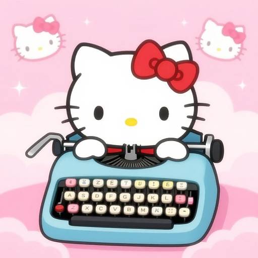 Digital illustration of Hello Kitty typing on a blue typewriter, with a red bow, pink background, and floating Hello Kitty icons.