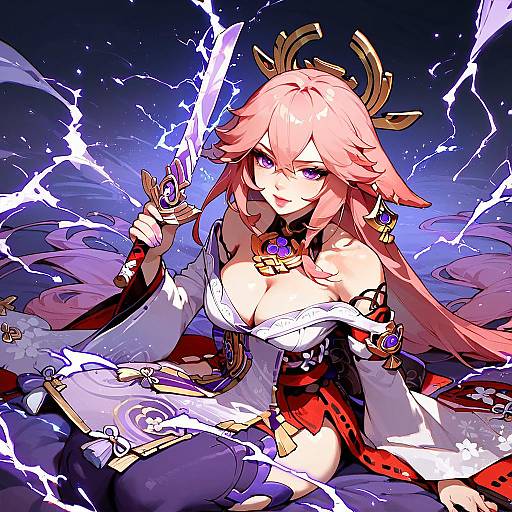 Anime Character Yae Miko with Sword and Lightning